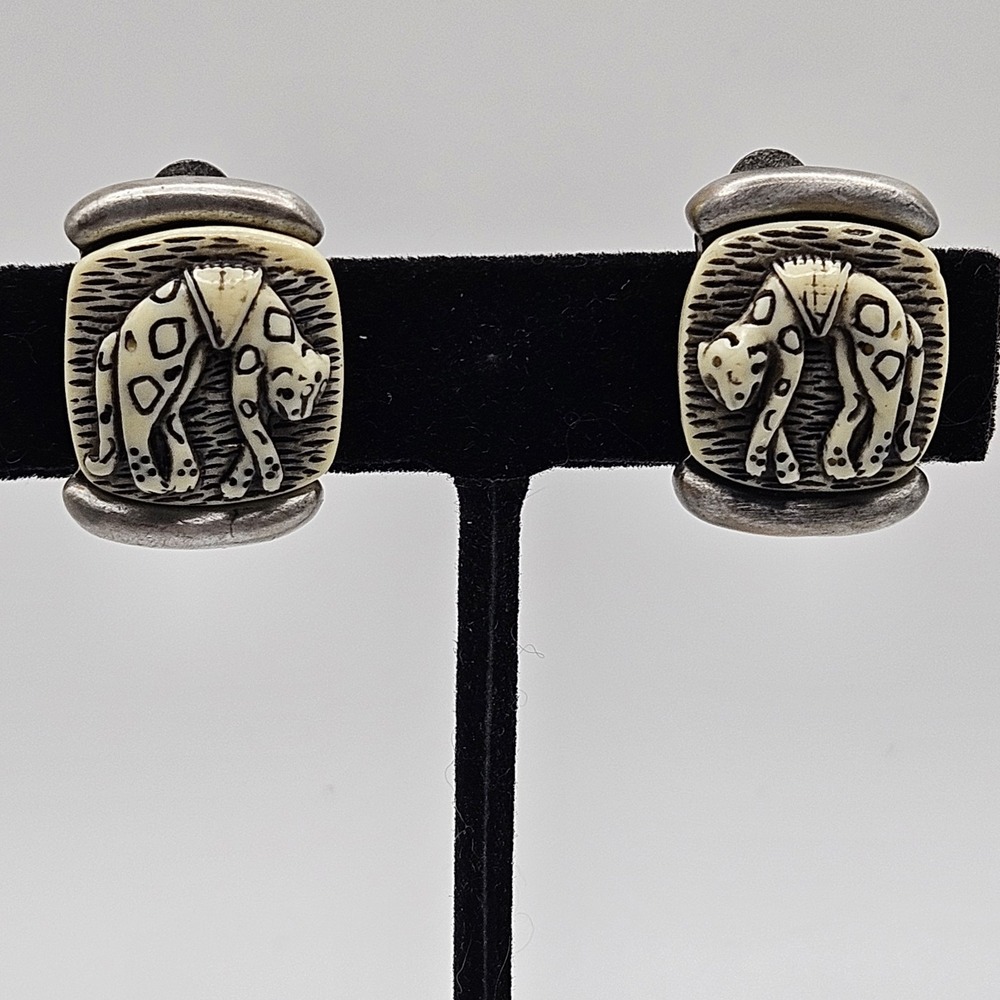 Carved Animal Cat Earrings Clip on Tribal Unique Vintage